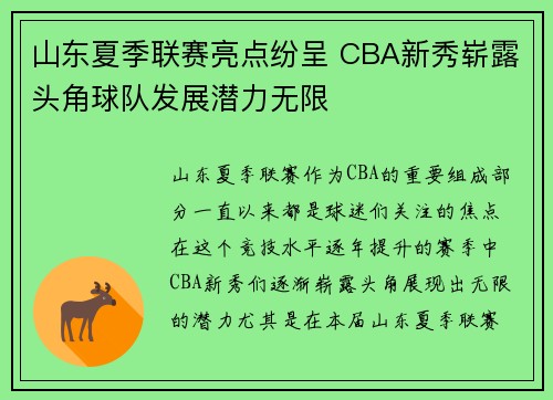 山东夏季联赛亮点纷呈 CBA新秀崭露头角球队发展潜力无限